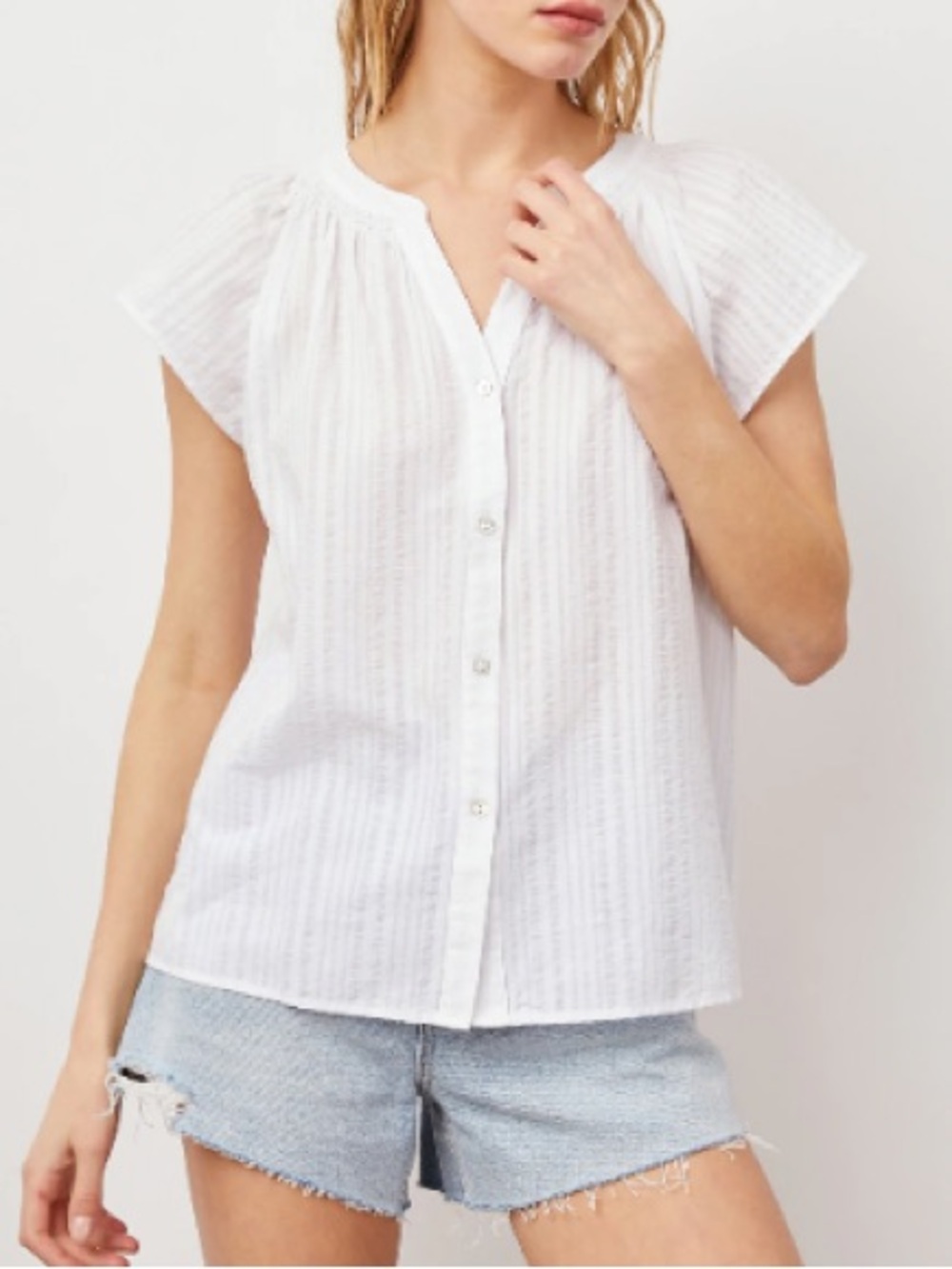 Rails Alena Powder Stripe White Button-Front Cap Sleeve Top